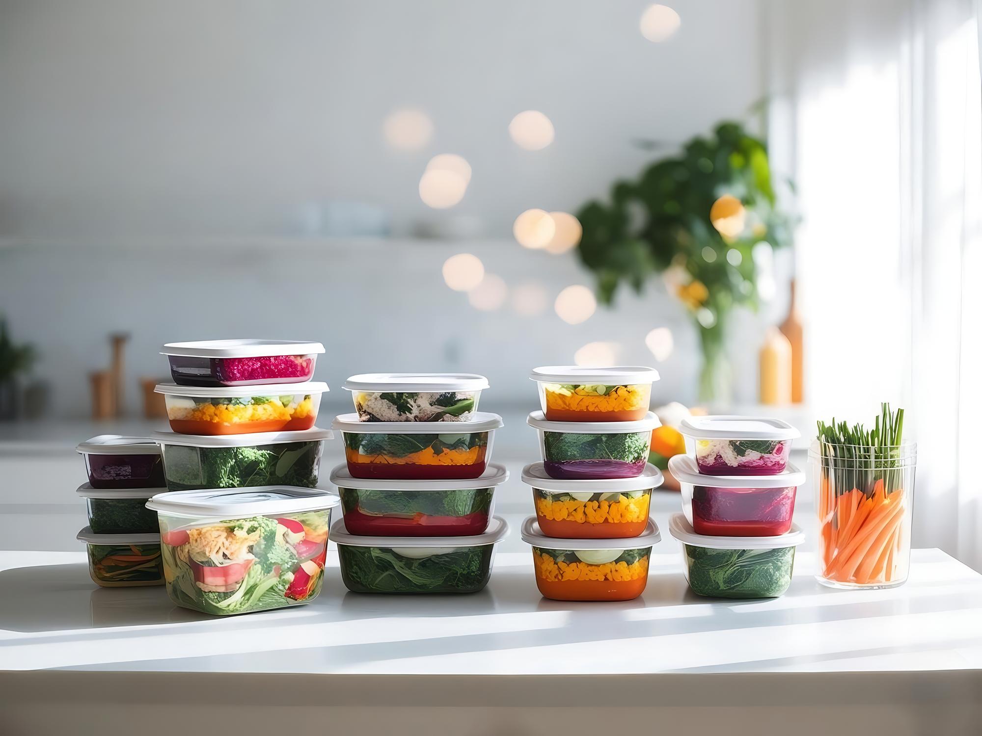 Stack of prepared meal boxes on a kitchen counter